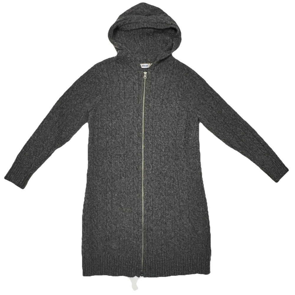 Vtg Y2K Old Navy Cable Knit Sweater Dress Wool Blend Grey Hooded Full Zip XL - Picture 2 of 10